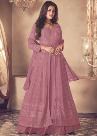 Pink Embroidered Georgette Lehenga In kurti Style