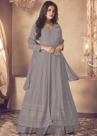 Grey Embroidered Kurti Style Lehenga In Georgette 