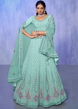 Aqua Green Georgette Lehenga Choli In Stone Work