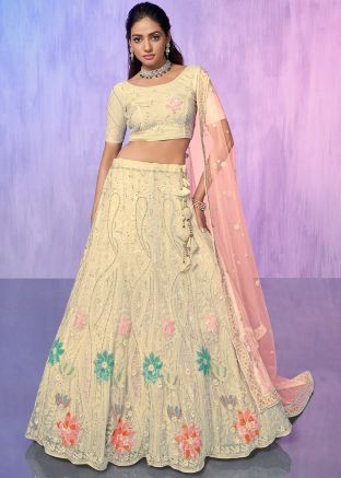 Off White Stone Work Lehenga Choli Set In Net 