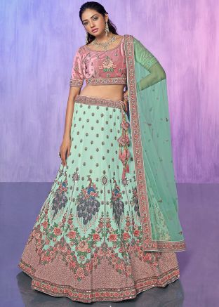 Aqua Green Georgette Thread Embroidered Lehenga Choli 