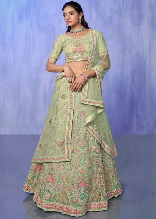 Pastel Green Georgette Lehenga Choli In Stone Work