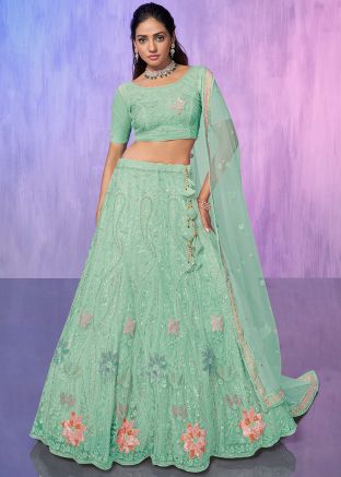 Seafoam Green Embroidered Lehenga Choli In Net