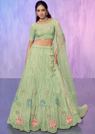 Pastel Green Net Lehenga Choli In Stone Work