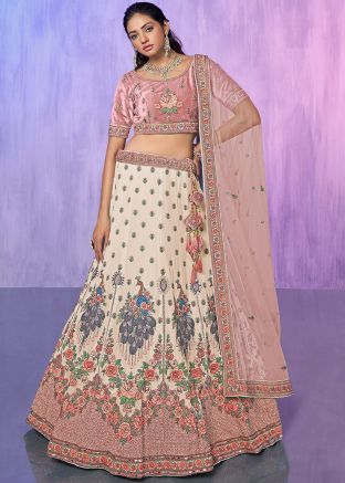 Off White Stone Work Lehenga Choli Set In Georgette