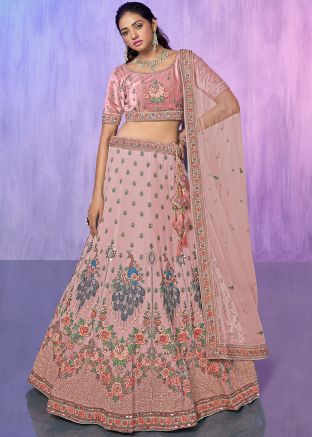 Peach Stone Embellished Georgette Lehenga Choli 