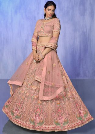 Peach Stone Embellished Lehenga Choli In Net