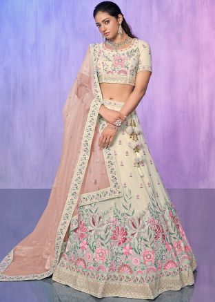 Off White Stone Work Lehenga Choli Set In Georgette