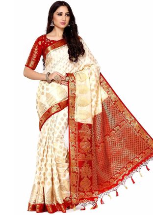 Cream Woven Kanjivaram Silk Saree