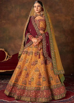 Yellow Stone Work Bridal Lehenga Choli In Silk