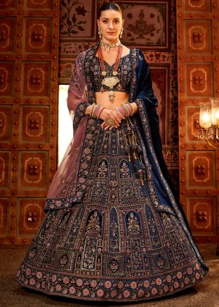 Blue Embroidered Bridal Lehenga Choli In Velvet