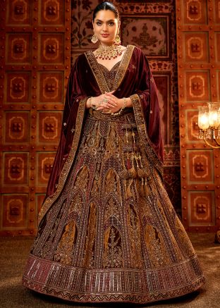 Golden Embroidered Bridal Lehenga Choli In Velvet