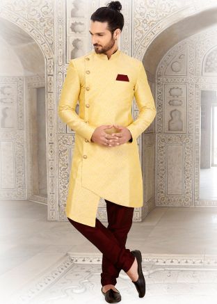 Yellow Asymmetric Indo Western Sherwani