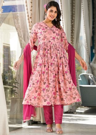 Pink Floral Print Angrakha Style Suit