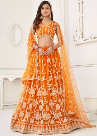 Orange Embroidered Lehenga Choli In Net
