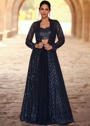 Blue Embroidered Jacket Style Lehenga Choli