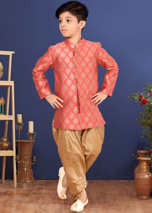 Readymade Red Woven Sherwani With Dhoti For Kids
