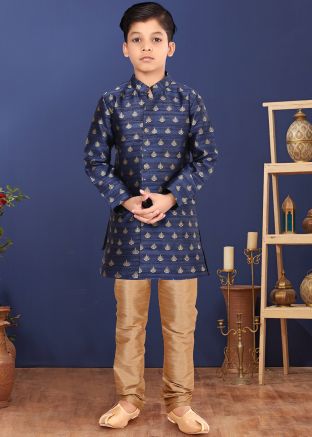 Readymade Navy Blue Woven Kids Sherwani Set