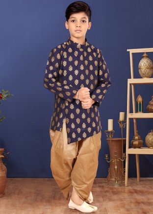 Navy Blue Readymade Kids Woven Asymmetric Sherwani Set