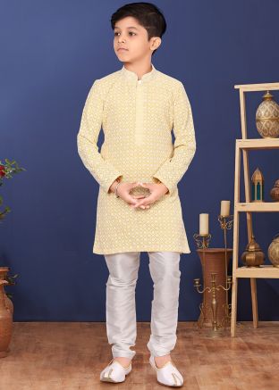 Yellow Embroidered Kids Readymade Kurta Pajama