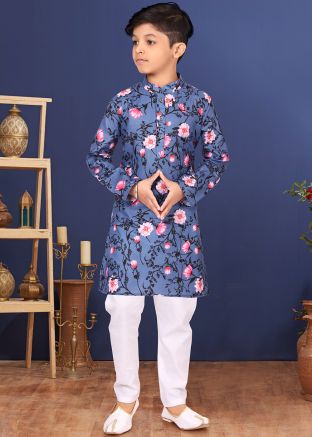 Blue Printed Readymade Kurta Pajama In Cotton