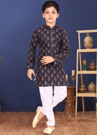 Dark Blue Printed Readymade Kids Kurta Pajama
