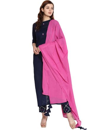 Navy Blue Readymade Cotton Pant Salwar Suit