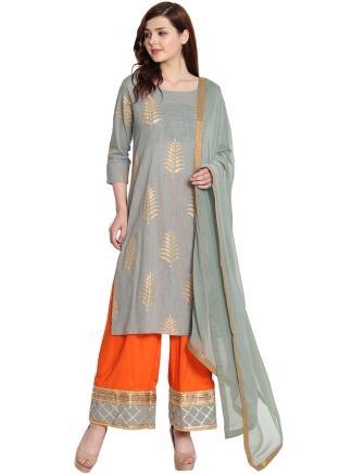 Readymade Grey Block Printed Cotton Palazzo Suit