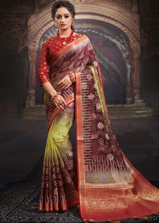 Brown Digital Print Jacquard Saree