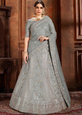 Grey Embroidered Net Lehenga Choli