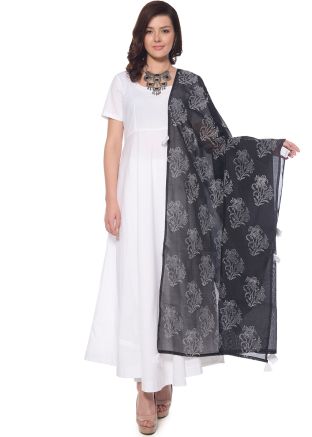 White Cotton Readymade Anarkali Suit