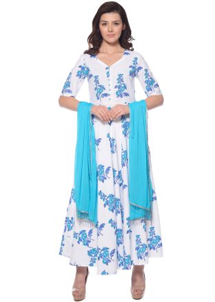 White Readymade Floral Block Printed Anarkali Suit