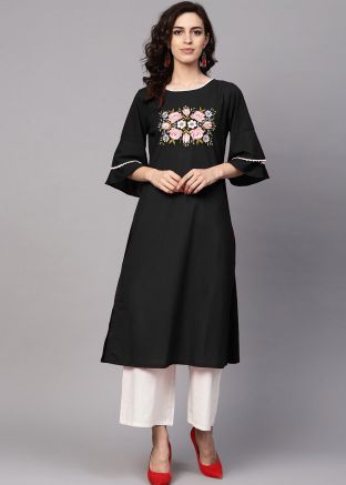 Black Embroidered Bell Sleeved Kurta With Palazzo