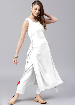 White Readymade Tasseled Long Kurta With Pant