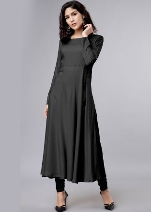 Black Rayon Readymade Flared Long Kurta Set