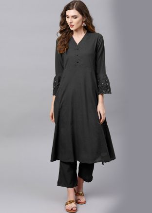 Black Readymade Bell Sleeved Long Kurta Pant Set