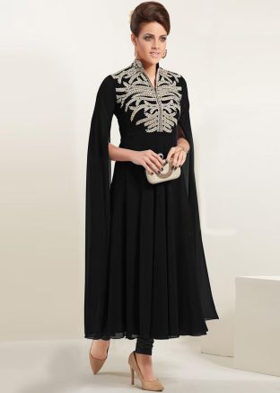 Readymade Black Embroidered Cape Sleeved Kurta Set
