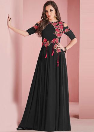 Black Embroidered Cold Shoulder Long Kurta Set