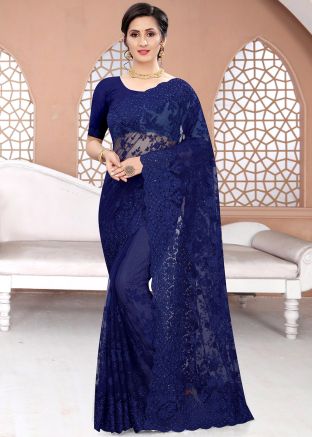 Navy Blue Embroidered Net Saree With Blouse