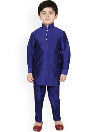 Blue Readymade Kids Kurta Pajama In Silk