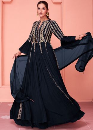 Readymade Emroidered Georgette Kurti Style Lehenga In Blue