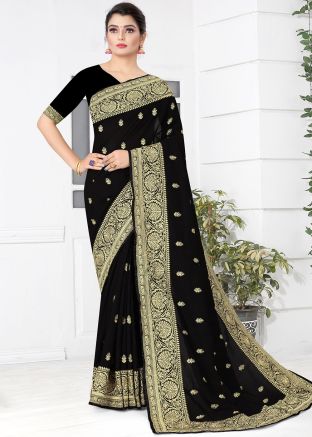 Black Heavy Border Zari Embroidered Saree In Silk