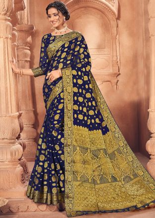 Heavy Pallu Blue Saree With Zari Embroidery