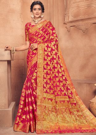 Zari Embroidered Pink Silk Saree With Blouse