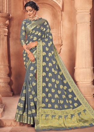Grey Heavy Pallu Embroidered Saree In Silk