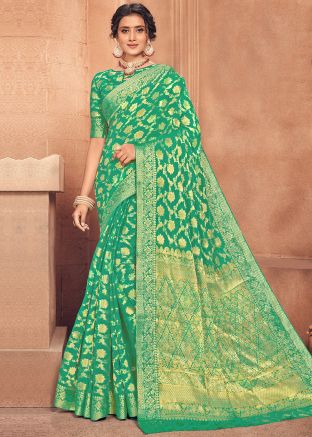 Zari Embroidered Heavy Silk Saree In Green