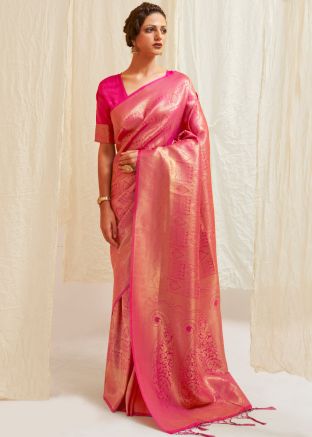 Pink Art Silk Woven Saree With Blouse