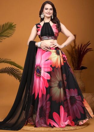 Black Digital Floral Printed Organza Lehenga Choli