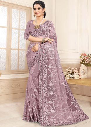 Purple Heavy Embroidered Border Saree In Net