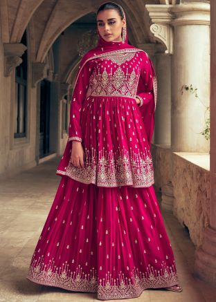 Magenta Georgette Readymade Kurti Style Lehenga In Thread Embroidered